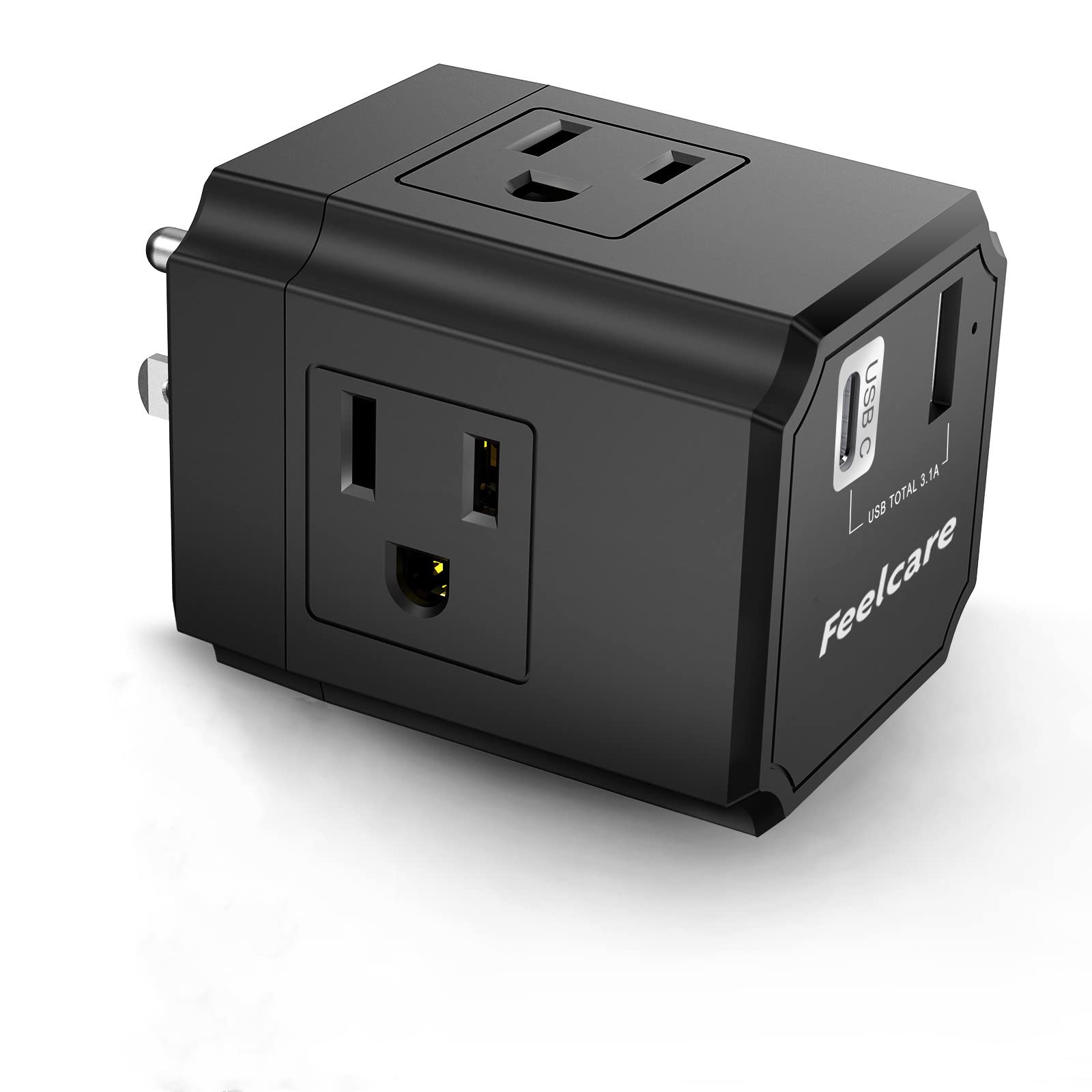 Feelcare Surge Protector USB Wall Charger, Multiple Plug Outlet Extender with 3 Outlets & 1 USB Port & 1 USB Type C Port (Black)