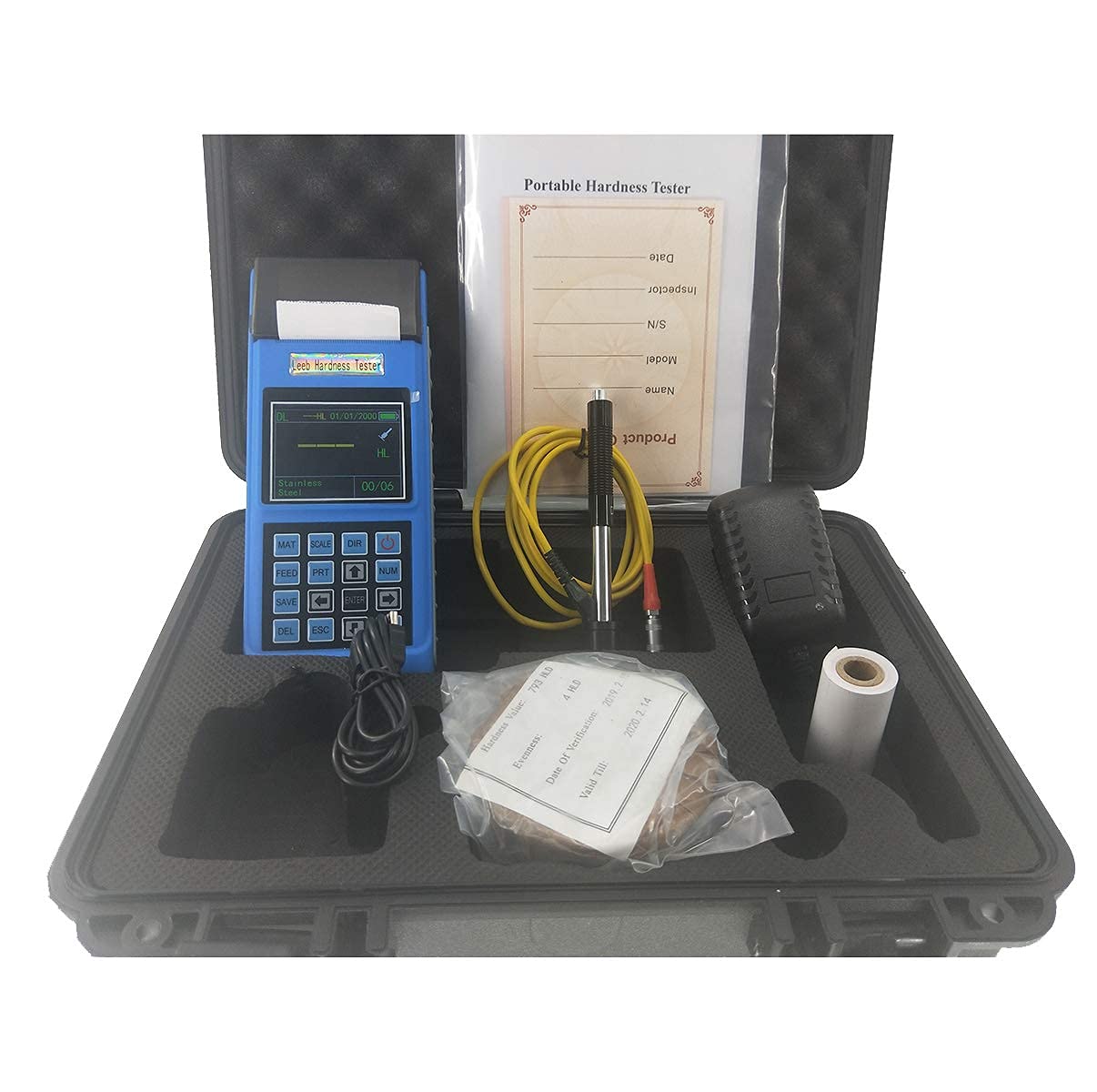 Digital Handheld Leeb Metal Hardness Tester Meter Testing Equipment Machines for Test Iron Steel Brass Copper Alloy with Built-in Thermal Printer with LCD Display Multiple HLD Range 170 to 960