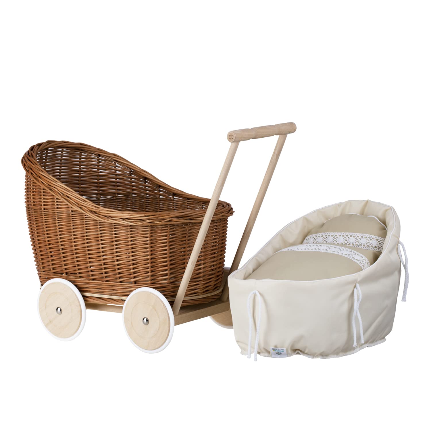 Cariole en bois peint pour poupée (taille bleuette), roues en métal , hauteur 23cm longueur 48
