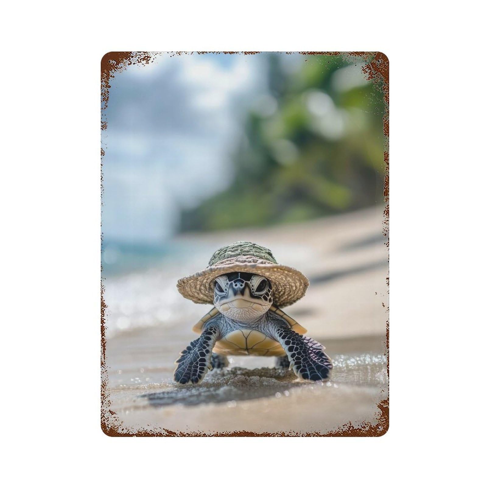 Sea Turtle in A Hat Aged Metal Wall Plaque 15.7"x11.8", Industrial Home Decor for Pub, Kitchen And Man Cave Decor