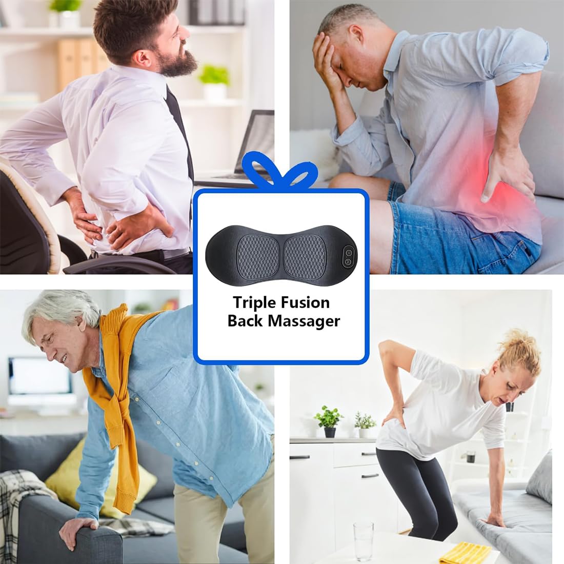 Terapia de espalda 3 en 1, masajeador de espalda 3 en 1, masajeador de espalda triple fusión, masajeador eléctrico de ciática con masaje de vibración y compresa de calor para cuello, hombros, espalda