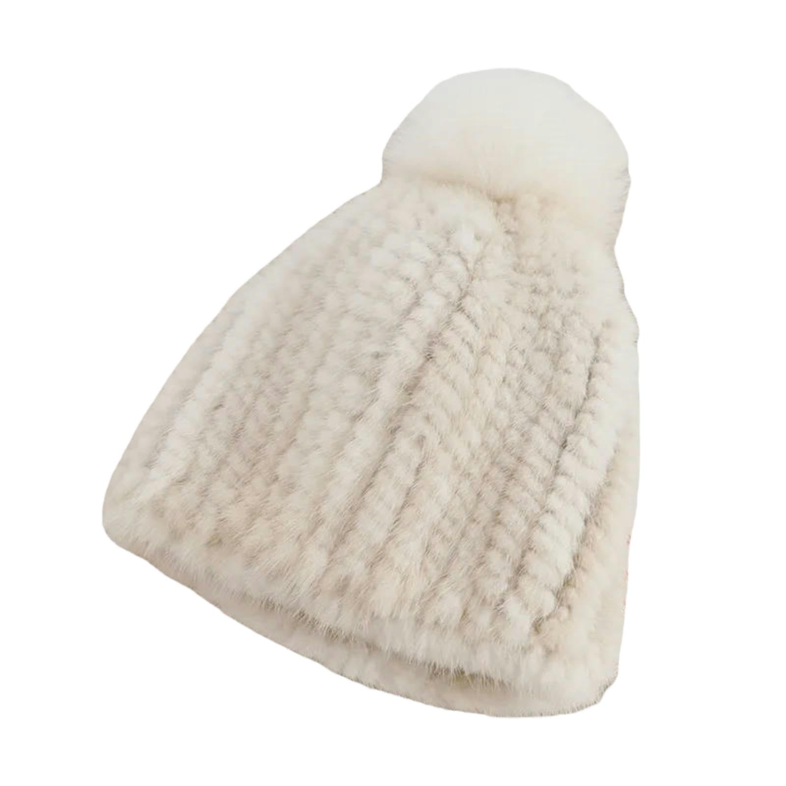 Bonnet à Pompon Chapeau Tricoté en Vraie Fourrure De Vison pour Femmes, d'hiver Épais avec Pompons Renard, Chaud Luxe Temps Froid Et Vêtements D'extérieur-Couleur du S
