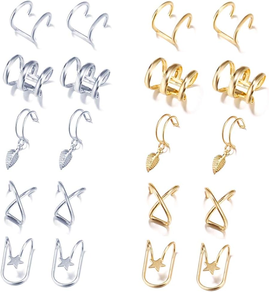 Yeegor 10Pairs Ear Cuff Earrings for Women Cuff Helix Cartilage Clip on Wrap Earrings Non-Piercing Jewelry Adjustable