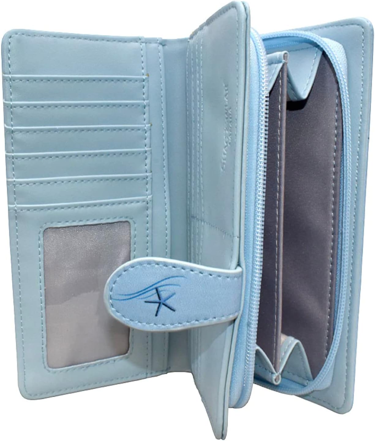 Shag Wear Whale School Large Women’s Wallet, Vegan Faux Leather Bifold with Card Slots, Bill Compartments and Secure Snap Closure in Sky Blue 7"