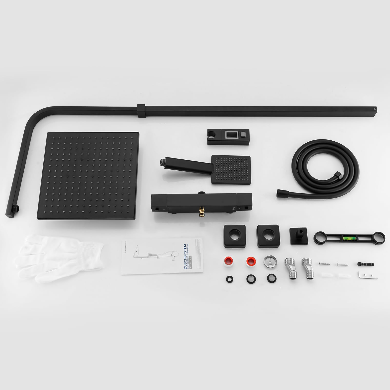 Auralum Colonna Doccia Nera con Miscelatore Termostatico, Miscelatore Doccia Esterno Ottone, Set Doccia Soffione Quadrato 25cmx25cm, Asta Saliscendi Doccia in Acciaio Inox Altezza Regolabile 97-130cm