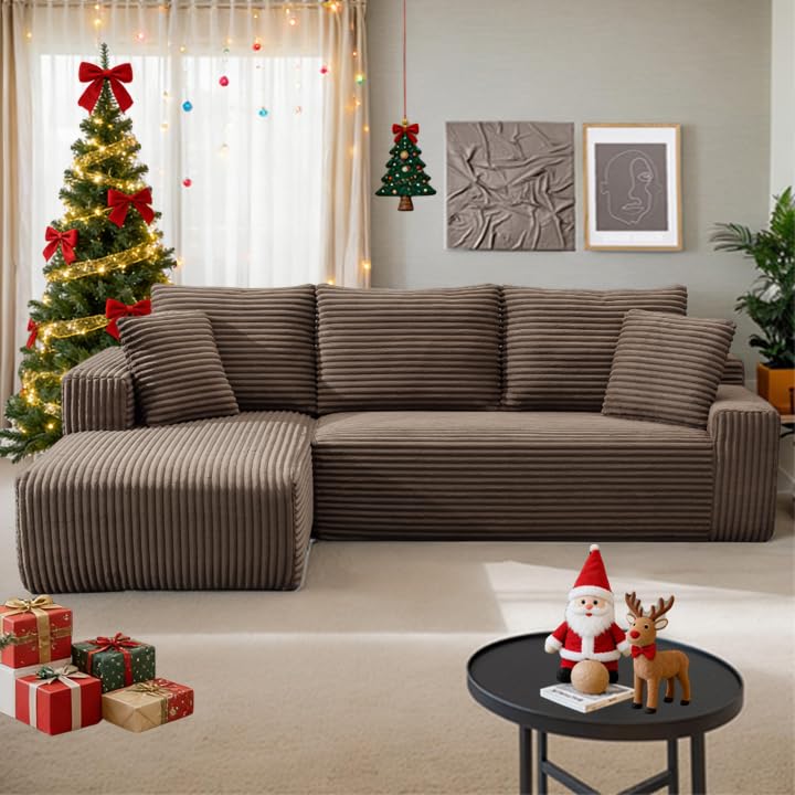 MEISIMAN 106'' L Shaped Couch, Deep Seat Sofa Cloud Couch with Chaise & Pillows, Modular Cloud Sectional Couches for Narrow Living Room Friendly, Tool-Free Setup(Dark Brown)