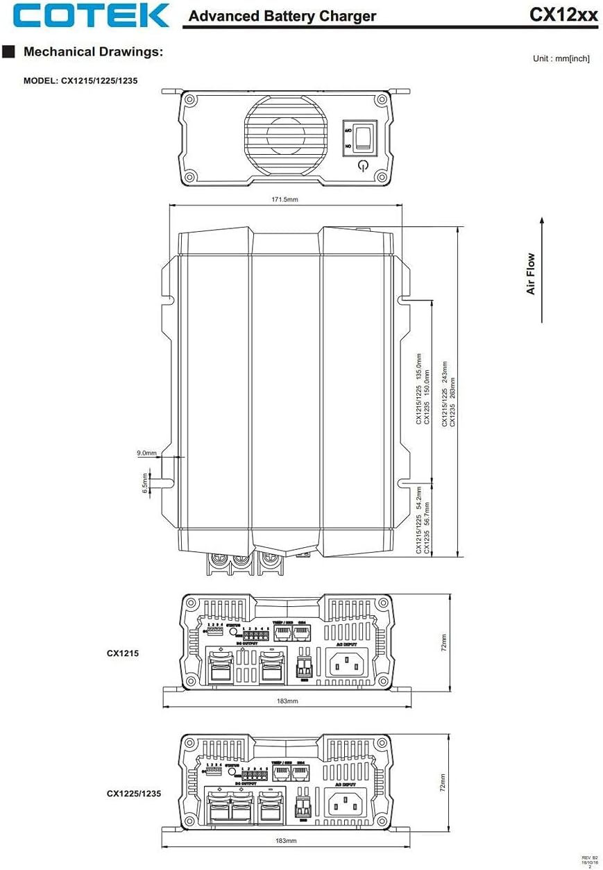 Mechanical drawings of COTEK CX12xx series chargers