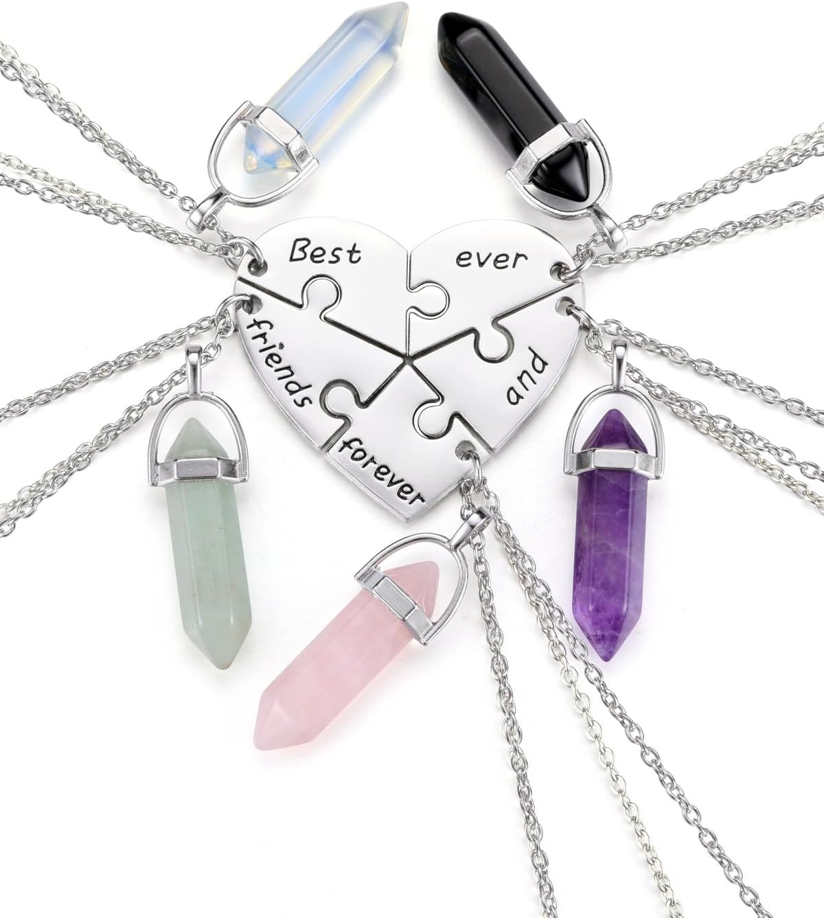 Best Friends Forever and Ever BFF Necklace Engraved Puzzle Friendship Heart Crystal Pendant Necklaces Jewellery Set for Frinds of 5