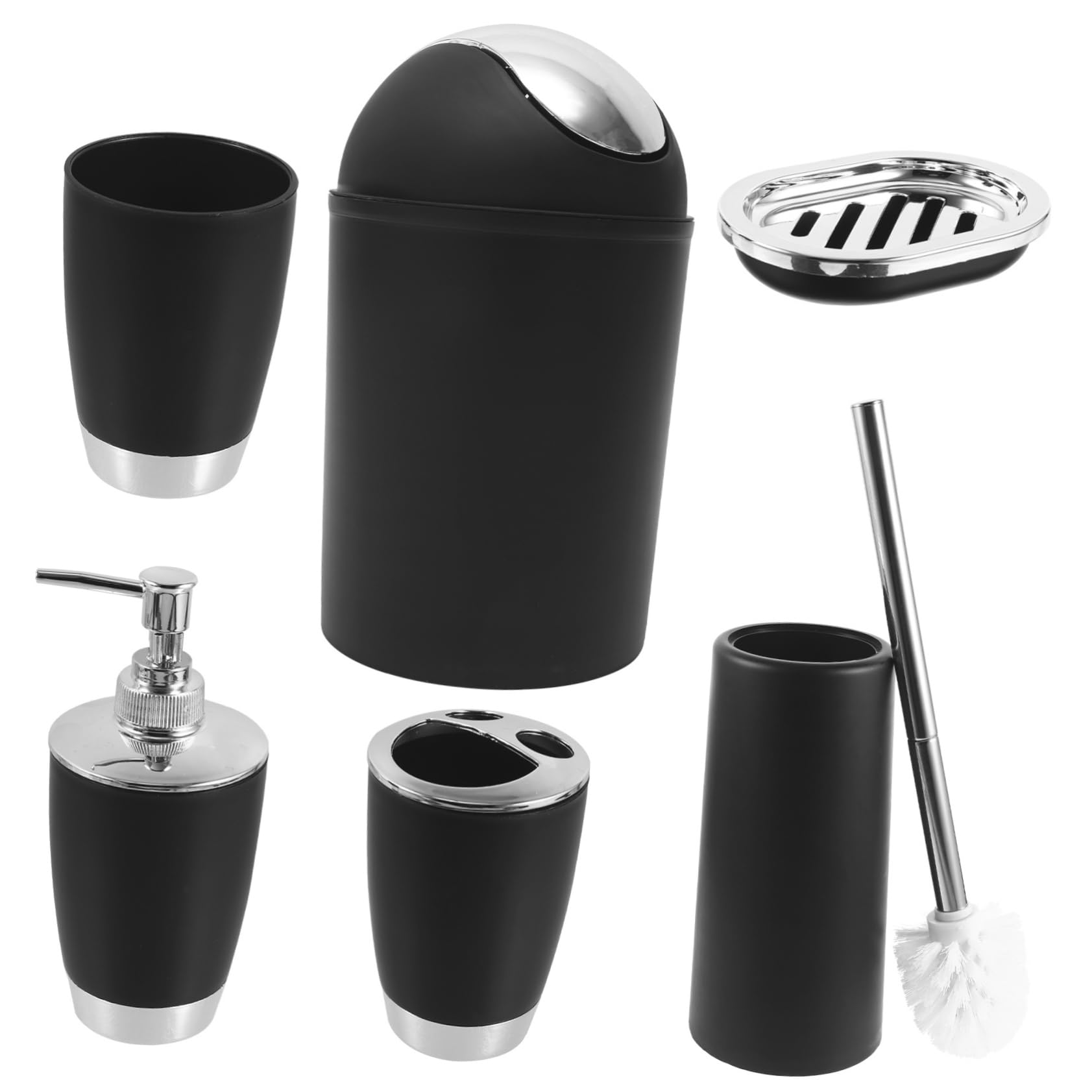 Juego de baño negro de 6 piezas con escobilla y papelera PRETYZOOM