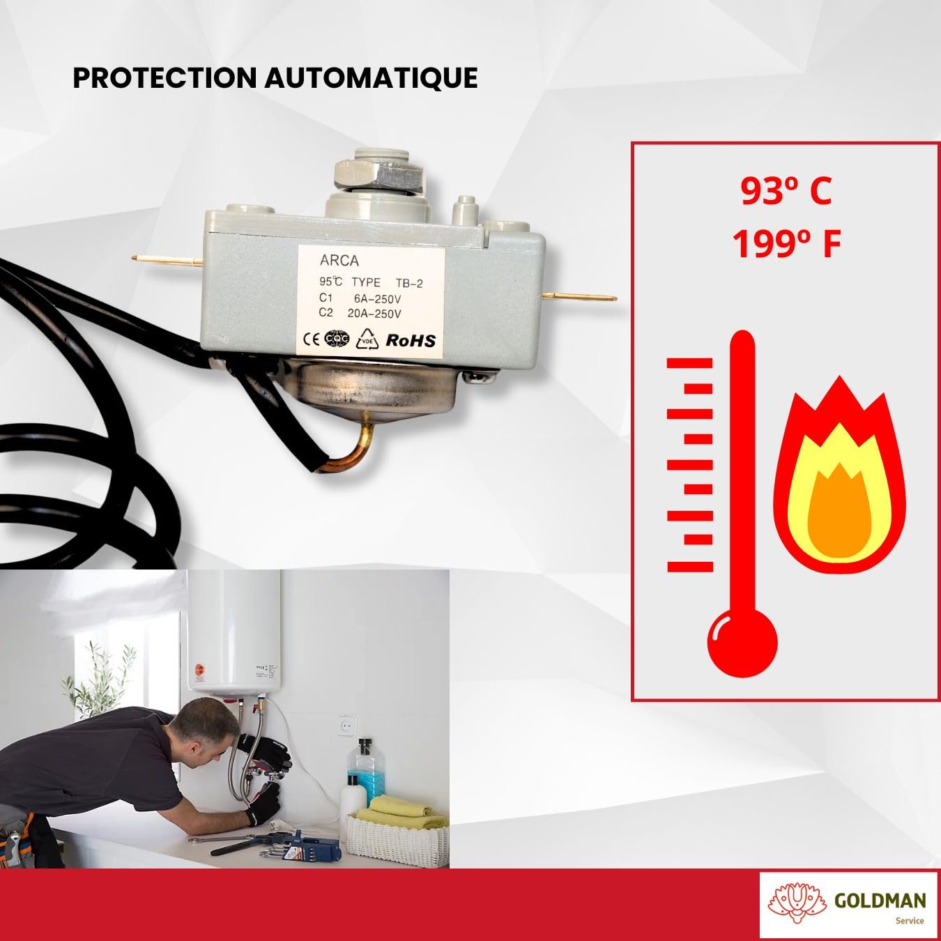 GOLDMAN SERVICE | Thermostat de Sécurité pour Chauffe-eau Électrique Activation Automatique à 93ºC | Sonde Bulbe 500mm | Réarmement Manuel Facile