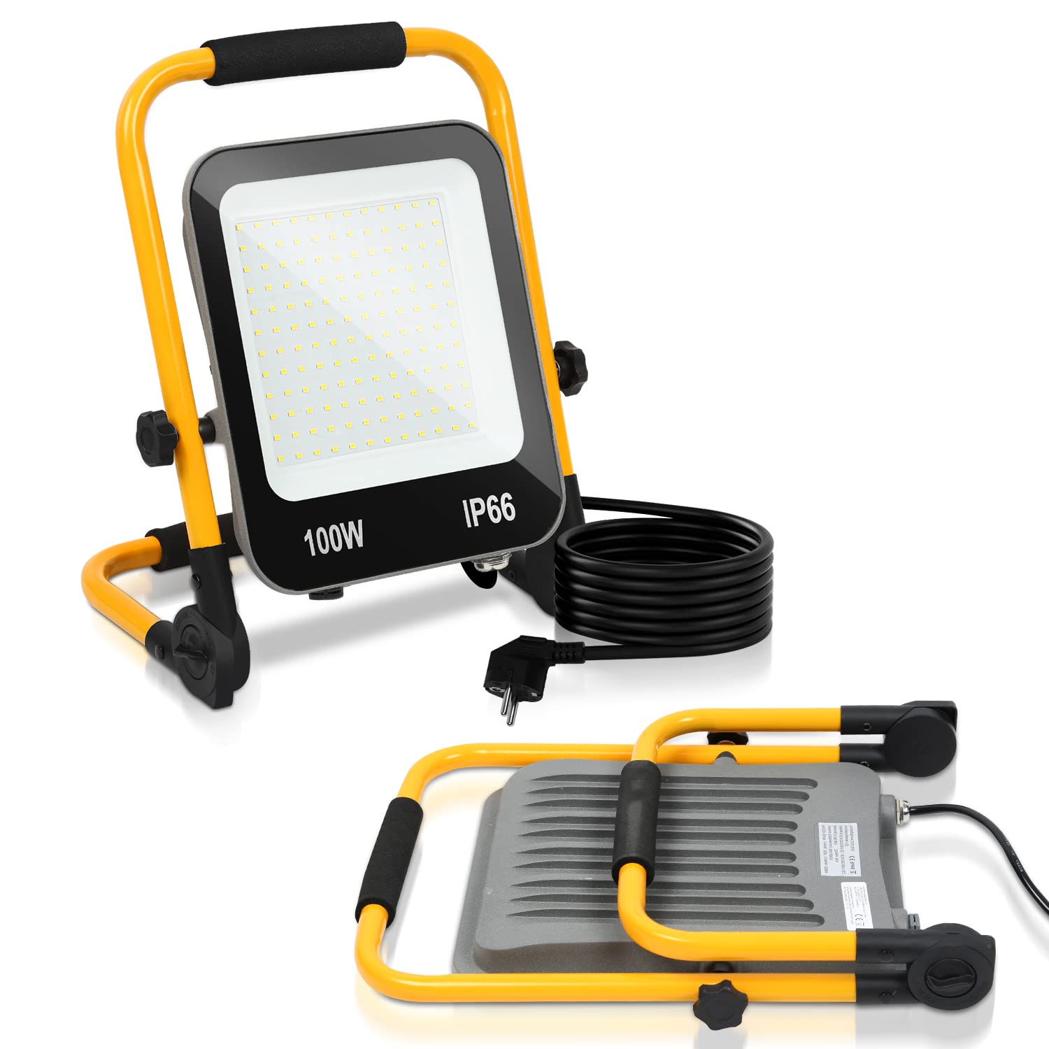 Reflektor budowlany LED, lampa robocza 100 W, 10000 lm, reflektor LED Floodlight z kablem 3 m i wtyczką, wodoszczelność IP66, lampa do użytku wewnątrz i na zewnątrz, na plac budowy, garaż, warsztat, zimna biel