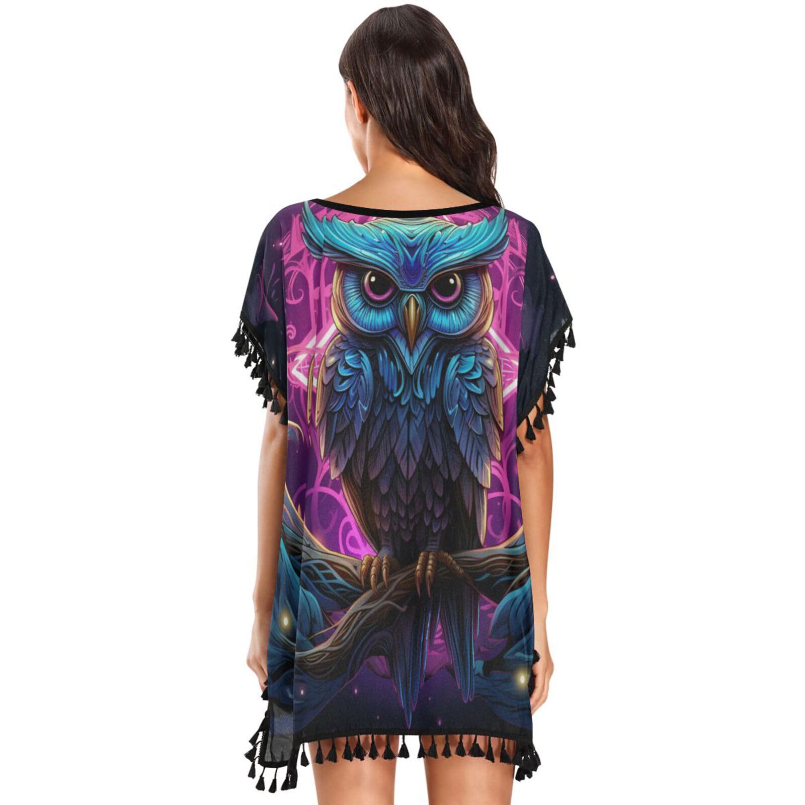 Cool Purple Owl Women's Beach Cover Up Chiffon Tassel Swimwear Swimsuit Coverups for Girl
