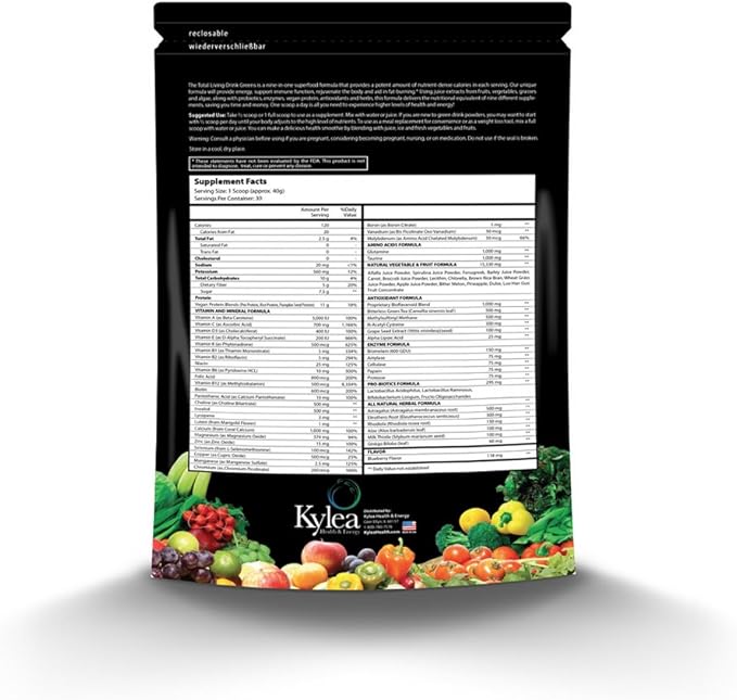 Total Living Drink Greens Superfood Powder - (2.65 lbs Bag, 30 Servings, 60 Ingredients) - Enzymes, Antioxidants, Herbs, Probiotics, Vitamins and Minerals.