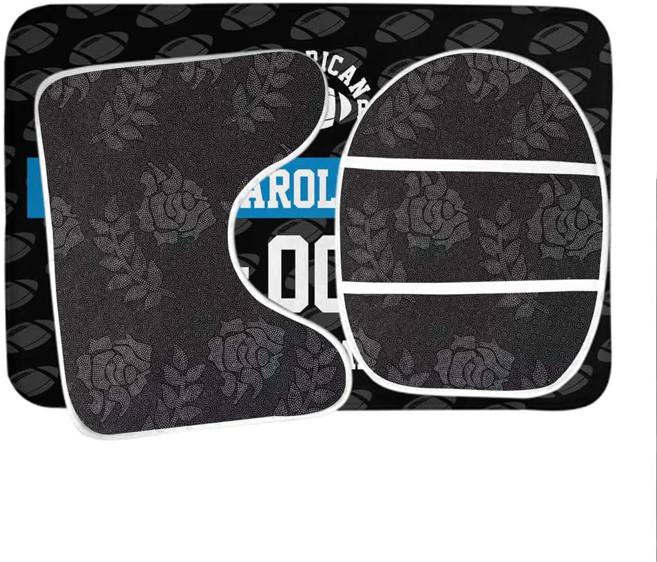 Custom Carolina Style Shower Curtain 4-Set, Personalized Name and Number, Football Style Bathroom Decor, Includes Floor Mat, Toilet Seat Mat, U-Shaped Mat and Shower Curtain