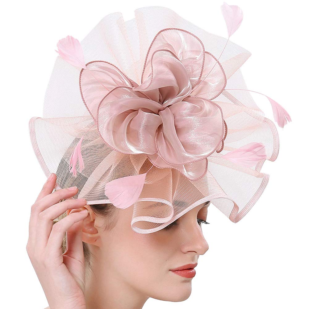 Fascinators for Women Feather Cocktail Flower Mesh Tea Party Church Hat Kentucky Derby Headwear Pink