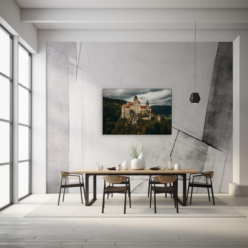 Canvas for Living room. Majestic Cliffside Fortress Standing Tall Against Foreboding Skies, 27 x 18 inch Canvas Wall Art - Modern Home Decor