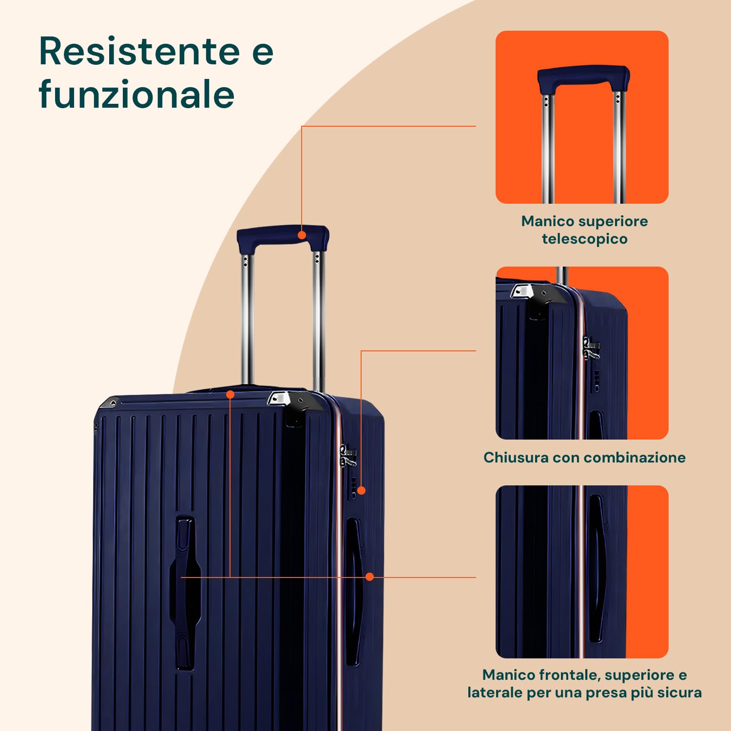 Avilia Set 3 Valigie Trolley (56/66/76 cm) in ABS - Trolley con 4 Doppie Ruote a 360°, Sacca a Rete Interna, Elastico Ferma Indumenti, Cerniera Sicura - Valigie Leggere, Resistenti e Blu