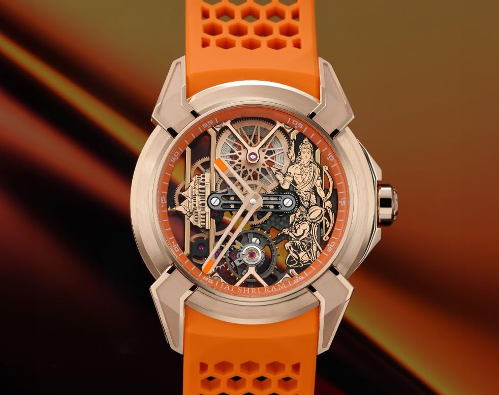Image of Luxury full Automatic Shree Ram Edition Watch for Men Heavy Open Machine Design with Orange Straps, Shri Ram ji & Hanuman ji Artwork, Ayodhya Mandir Dial | Premium Wrist watch 41mm Bezel [5 Year warranty]
