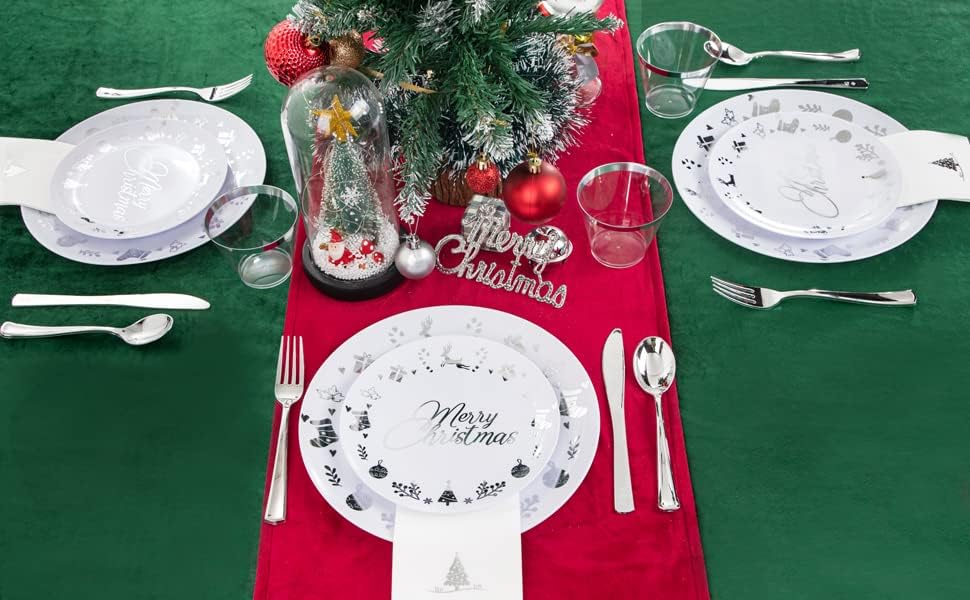 Miniatura 9 de 175 platos de plástico de Navidad, platos de plástico blanco y plateado para 25 invitados, incluye 50 platos de plástico, 25 cuchillos, 25 cucharas,