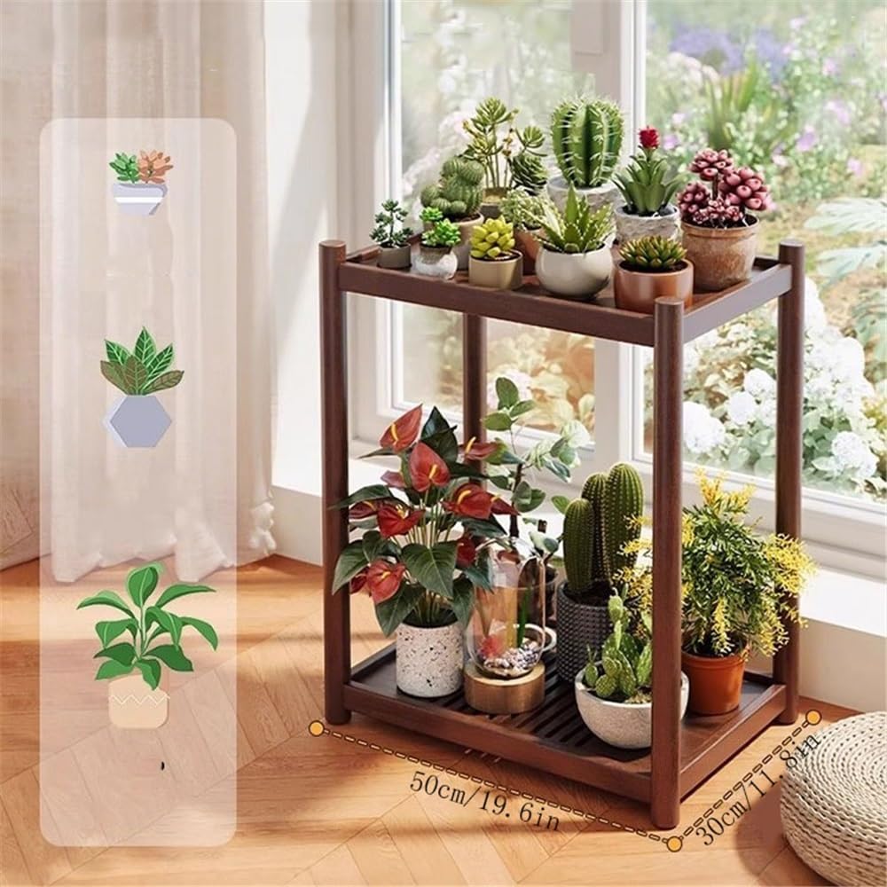 Stand Plant Portavasi a Due Piani Color Noce for Interni ed Esterni, divani, tavolino Laterale, Porta Bonsai in Legno