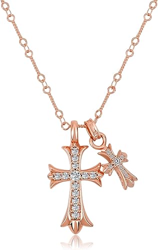 Collar de cruz chapado en oro de 14 quilatesplata de ley con colgante de doble cruz CZ, collares de cruz de circonita cúbica para mujeres, hombres y
