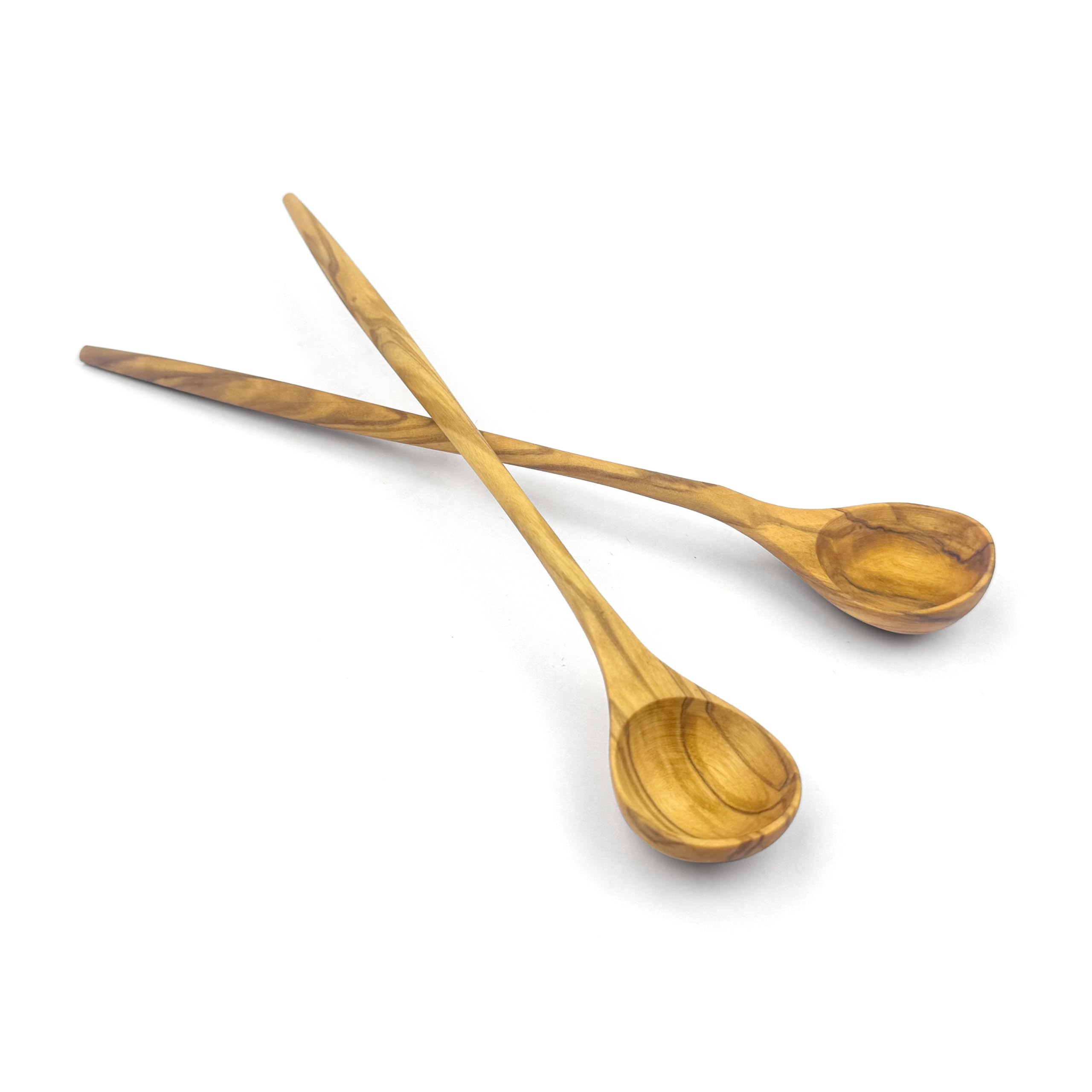WONDERFUL Cucharas de mango largo de madera de olivo 100% natural para café, té, batido de cocina, agitador de cóctel; cuchara de mezcla de miel, cucharas de degustación de chef (2 piezas)