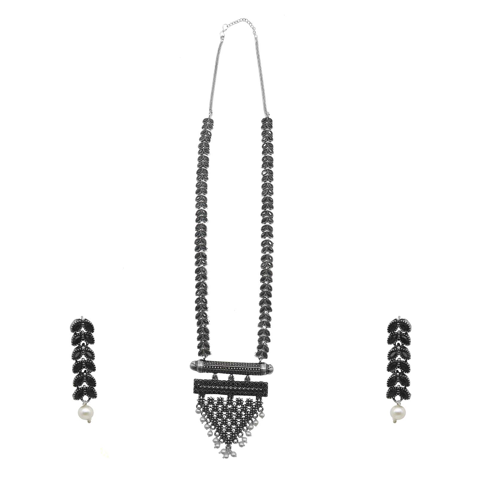 Niti Black Stone Silver Oxidized Long Necklace Set For Women