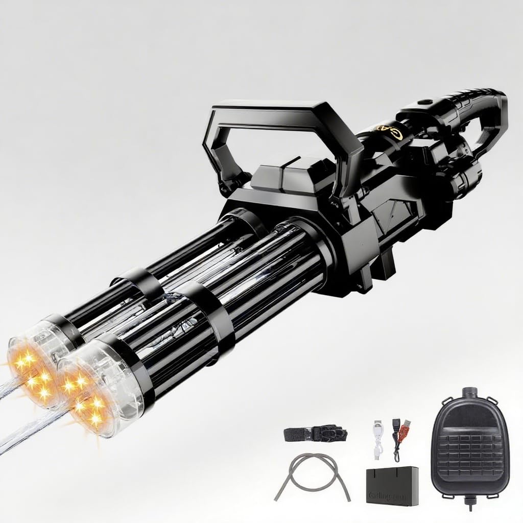 Skirfy Gatling Electric Water Gun for Adults & Kids, Dual-Barrel, Up to 49FT Most Powerful Automatic Squirt Gun with LED Water-Sensor, Large Water Tank & Battery,Outdoor Pool Toy Black