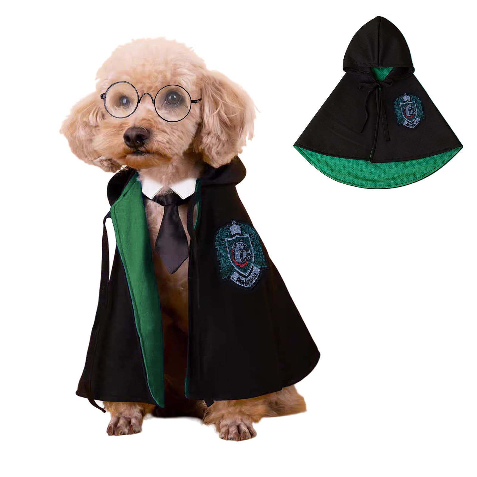 DELIFUR Cat Halloween Costume - Pet Wizard Costumes Mantle Magician Cosplay Clothes with Bowtie & Glasses Set Festival Party Apparel for Small Pets Cats Dogs Puppies (Green, L)