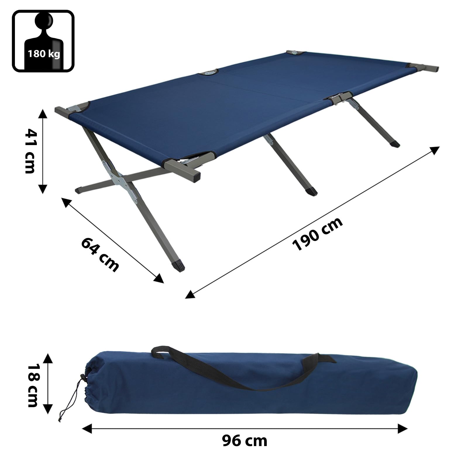 BB Sport Brandina Campeggio Letto Pieghevole 190x64x41 cm Stabile 180 kg Acciaio 600D Oxford Blu
