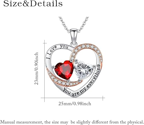 Miniatura 6 de Collar de piedra natal de corazón para mujer, chapado en oro rosa de 14 quilates, oro blanco, colgante de doble corazón superpuesto, aniversario,