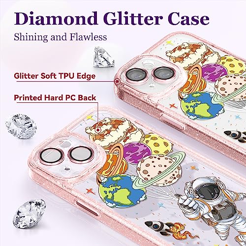 Image of Designed for iPhone 14 Case Pink Glitter Clear - Cute Bling Phone Case with Wrist Strap - Aesthetic Y2K Case for Woman, Girl 6.1 inch (Spaceman)