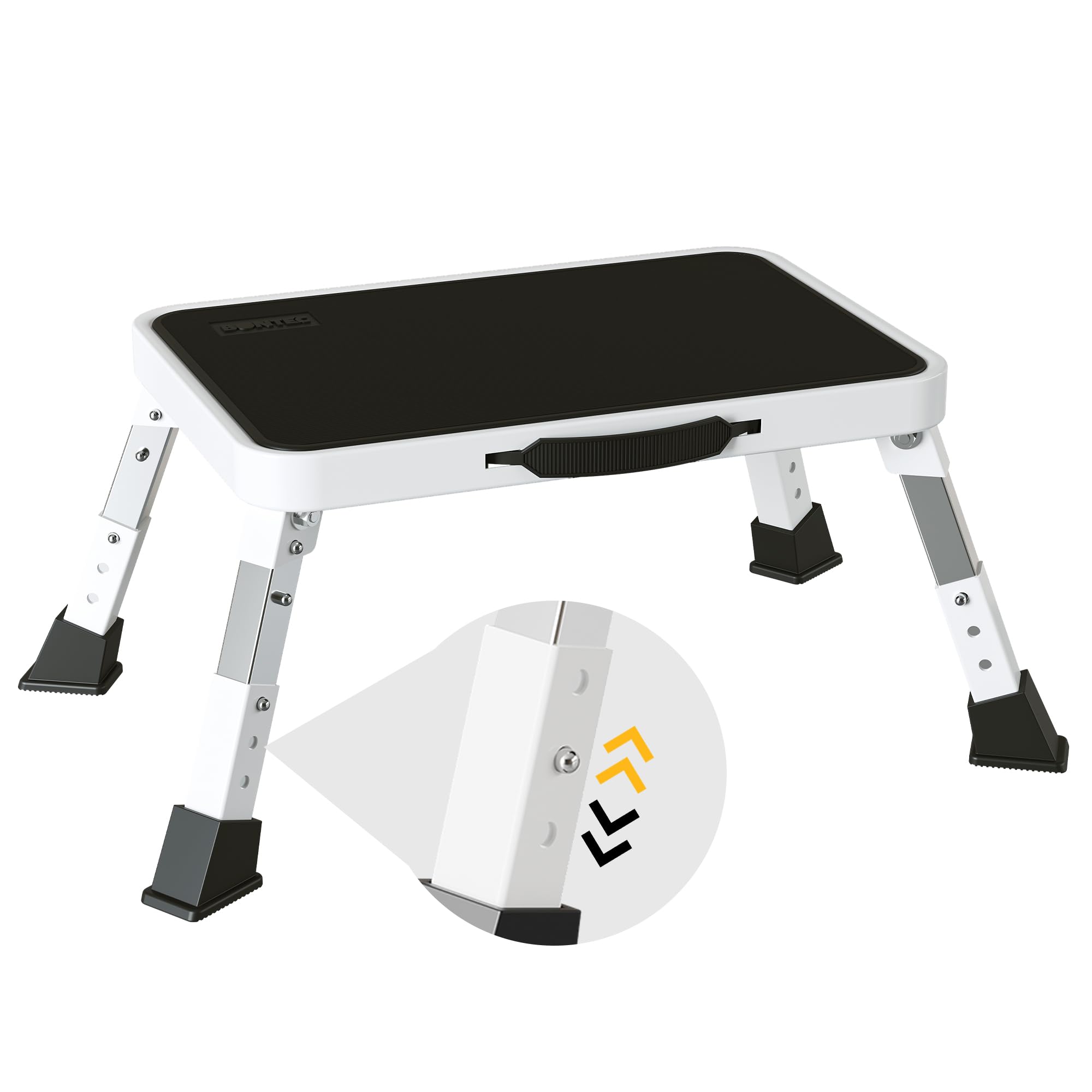 BONTEC Klapptritt, 3-stufig höhenverstellbar, bis 150 kg belastbar, rutschfeste Plattform, faltbar, tragbar, für Küche, Büro, Schlafzimmer, Trittstufe, Falthocker, Klapphocker für Kinder, Weiß