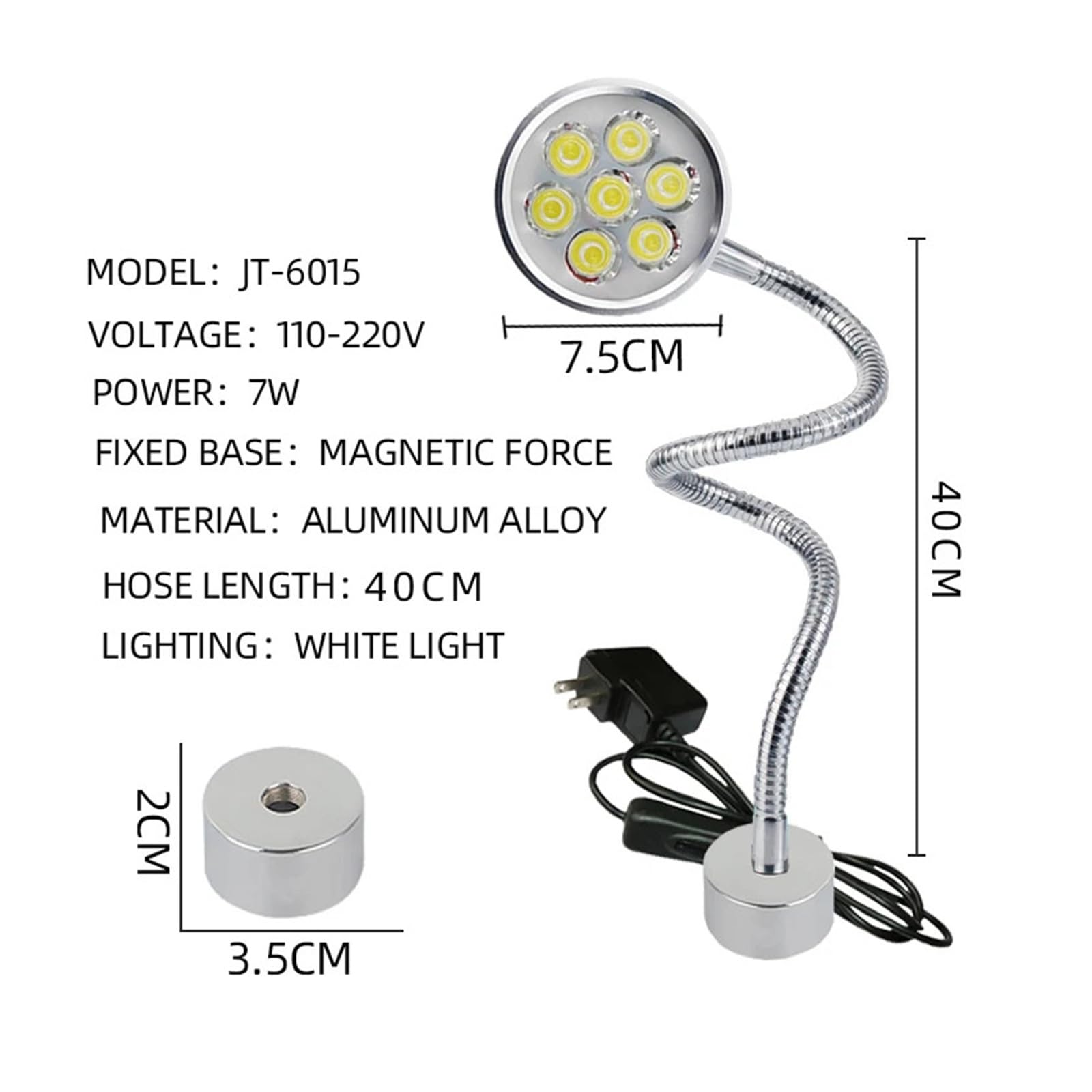 Tokarka światło robocze 7 W LED CNC magnetyczna lampa przemysłowa elastyczna 40 cm łabędzia szyja narzędzie światło podstawa magnetyczna (US)