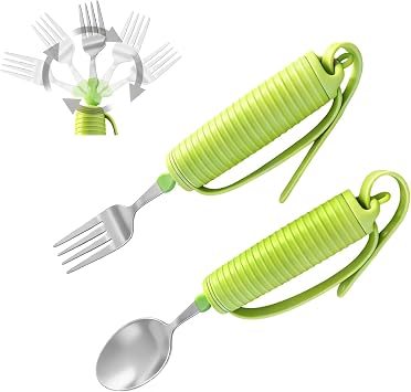 2PK Lime Green Weighted Adaptive Spoon & Fork Utensil Set Silicone Grips