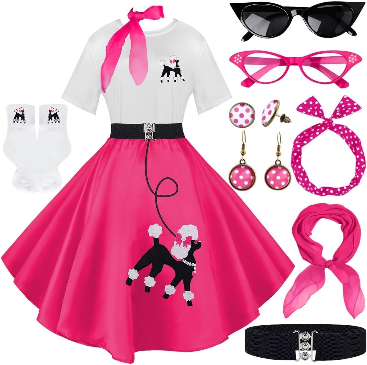 10Pcs Sock Hop Outfits Women, 1950s Poodle Skirts, T-Shirt with 50s Accessories Socks Scarf Headband Belt Earring