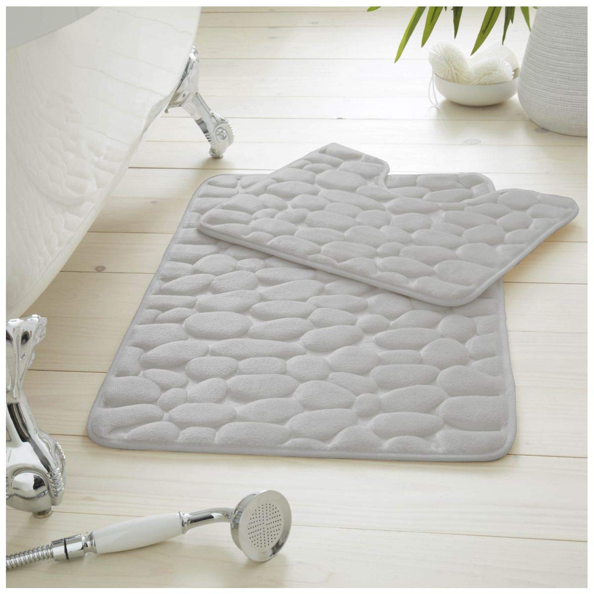 GC GAVENO CAVAILIA Pebbles Bath Mat Set, Memory Foam, Silver, Regular