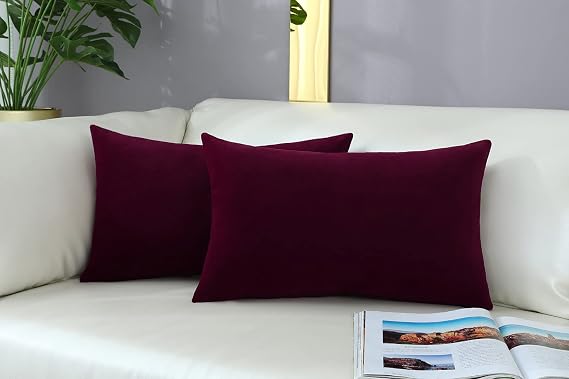 mixeoo Burgundy Velvet Lumbar Pillow Covers, Set of 2