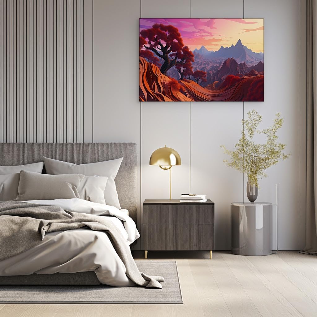 Canvas for Living Room. Autumn's Vivid Tapestry: A Digital Ode to Fall's Fiery Canopy and Mountain Silhouettes, 27 x 18 inch Canvas Wall Art - Contemporary Masterpieces - Modern Home Decor
