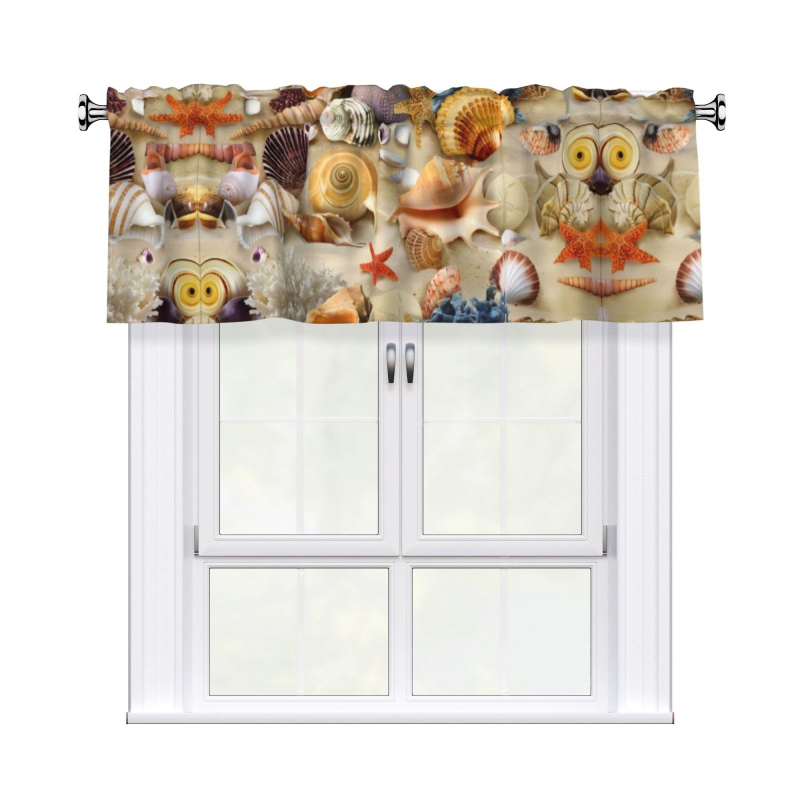 WHJSHOP Starfish Seashell Sandy Beach Theme Prints Curtain Valance 54x18in - Peach Skin Kitchen Window Layer, Filtered Light & Quick-Install Rod Pocket Cover