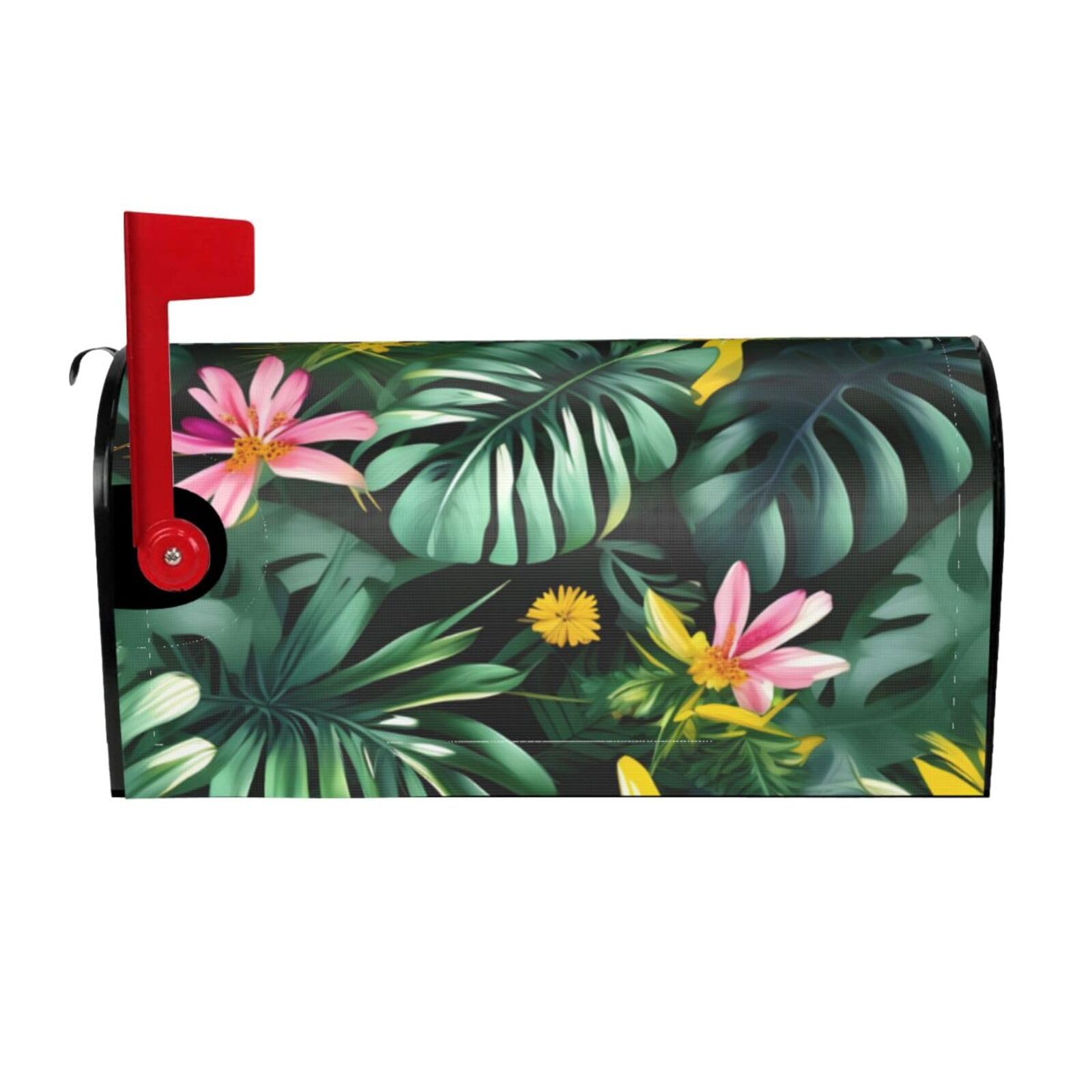 Tropical Leaves With Flowers Print Mailbox Cover Wraps Post Letter Box Cover Decor For Outside Garden Yard Farmhouse Home