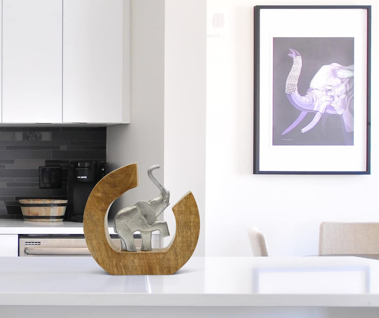 Scultura di elefante «Corso della Vita» - figura moderna deco fatta a mano da alluminio in legno di mango - elefante deco argento in metallo