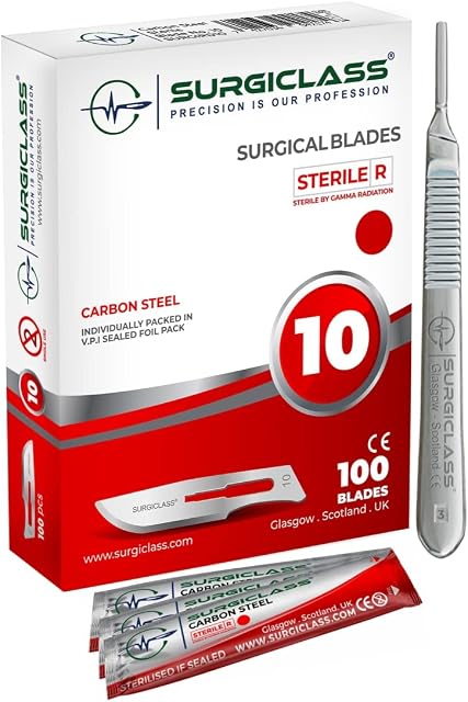 Surgical Scalpel Surgical Blades # 10 Carbon Steel Sterile Box of 100 and Handle No 3 Perfect for Wood Art, Surgical, Sculpting, Repairs, Lab Anatomy, Sign, Card Making Lab Training SURGIRD10-100