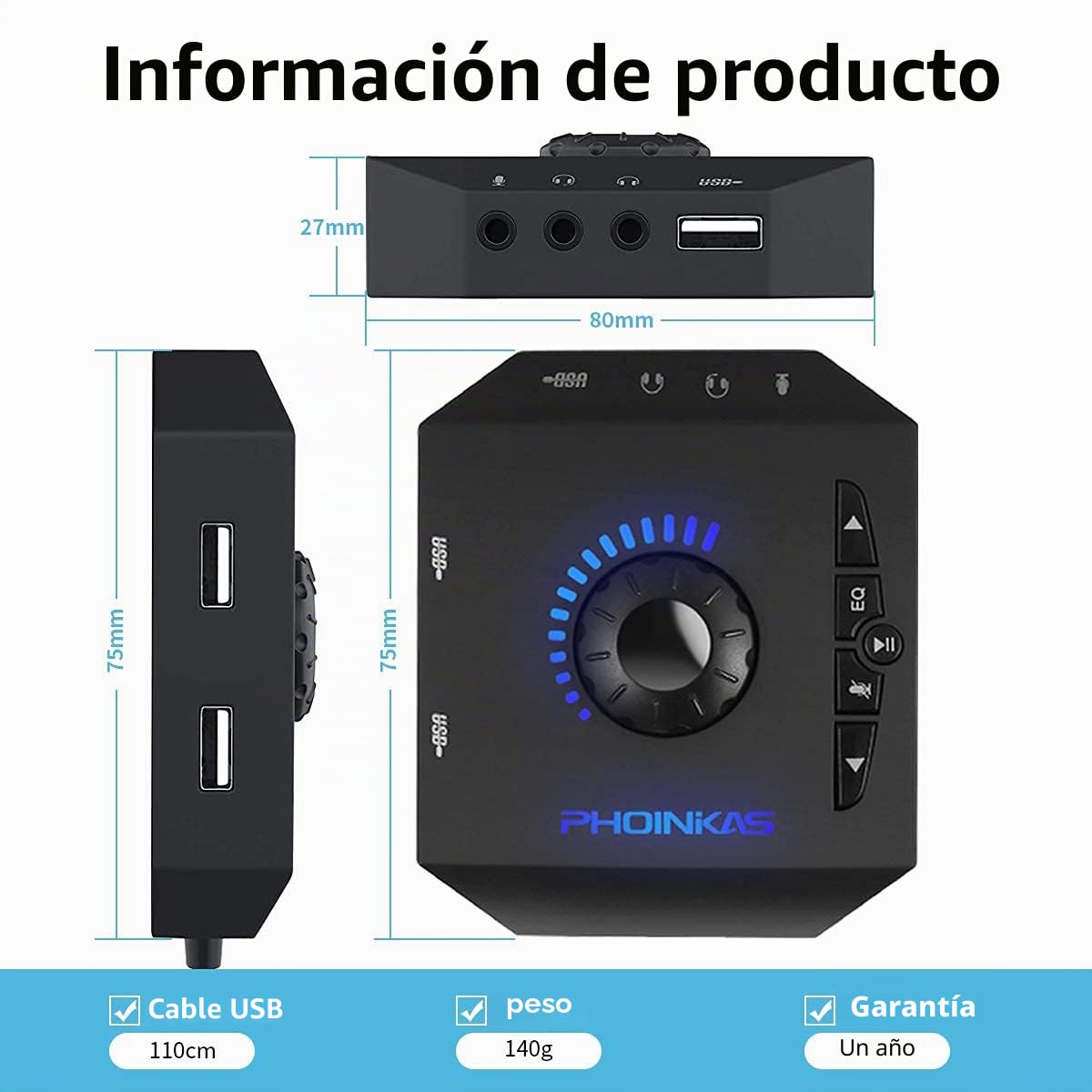 Tarjeta de Sonido Externa USB Audio Adaptador con 3.5mm Auriculares y Micrófono Control de Volumen Plug-Play para Fichas de Sonido Estéreo para Windows, Mac, PC, Portátiles de Escritorio - Negro
