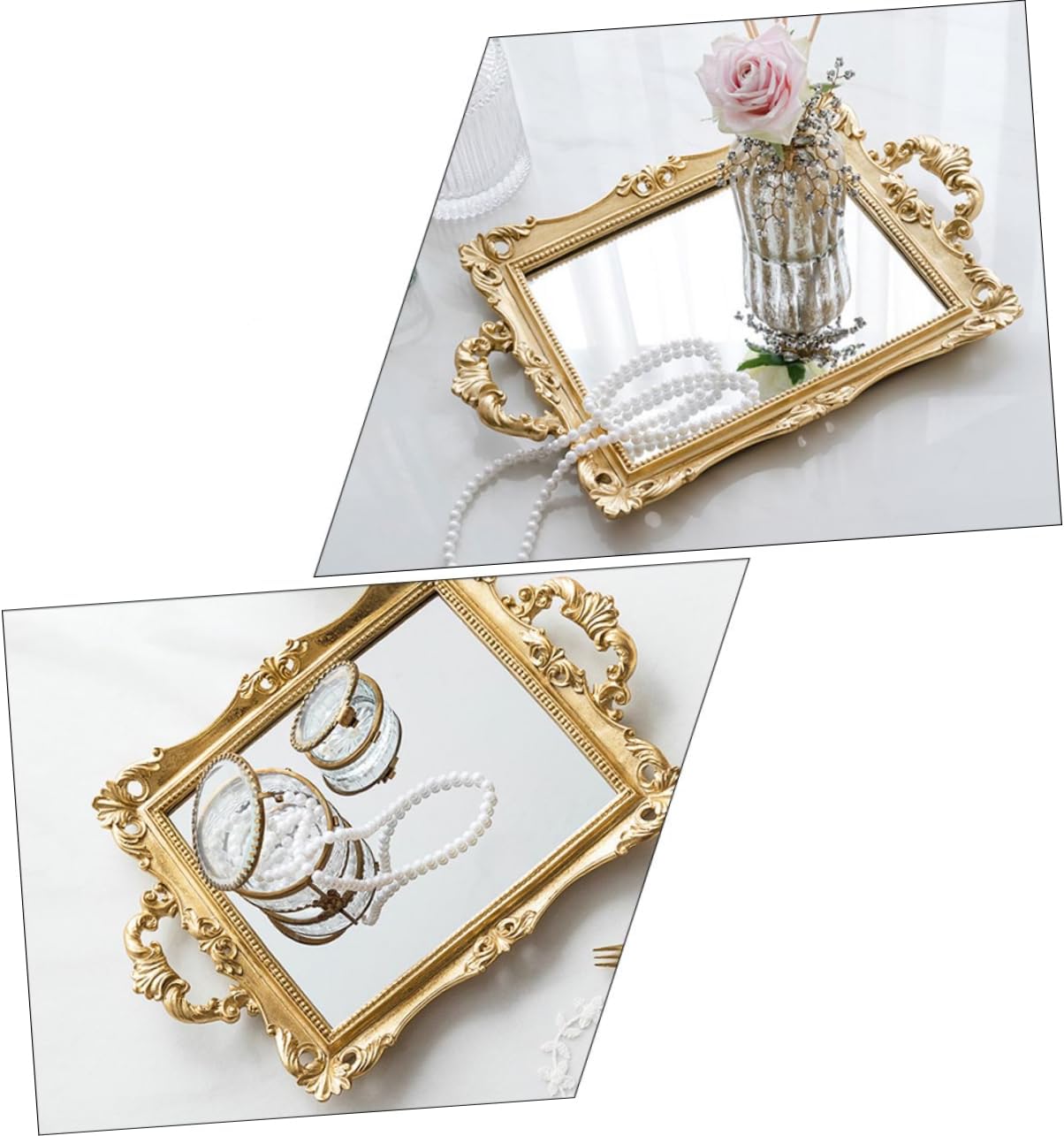 Garneck Vintage Nordic Style Carved Mirror Tray Resin Wedding Storage Decorative Ornament for Home Vanity Jewelry Organization
