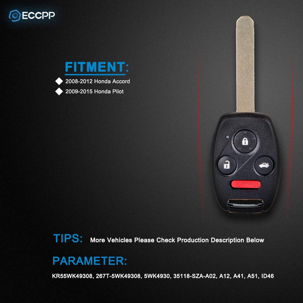 ECCPP 1X Rkeyless Entry Remote Replacement fit for Uncut 313.8MHz Keyless Entry Remote Key Fob Honda Pilot/Accord KR55WK49308