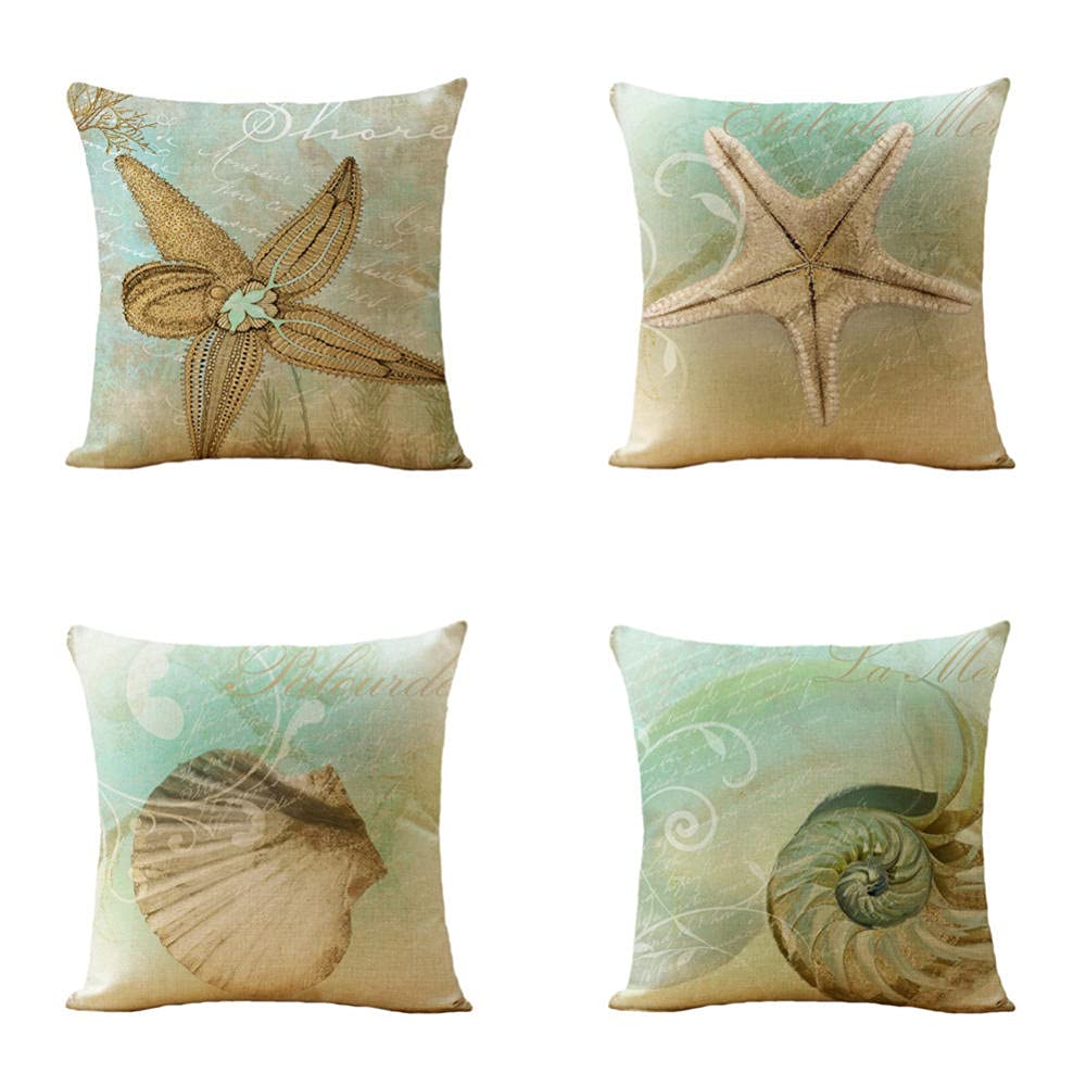 Set Di 4 Federe Cuscino 30x30 Cm Con Conchiglie E Stelle Marine - Cotone E Lino, Cerniera Invisibile, Per Divano E Letto