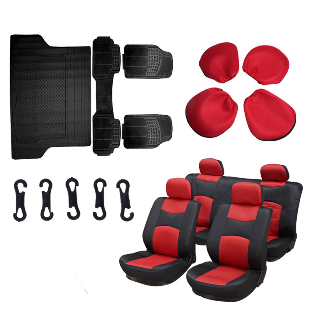 SCITOO 12-PCS Black Car Floor Mats W/Trunk Liner Black/Red Mesh Car Seat Covers W/4Headrest Covers for Most Cars