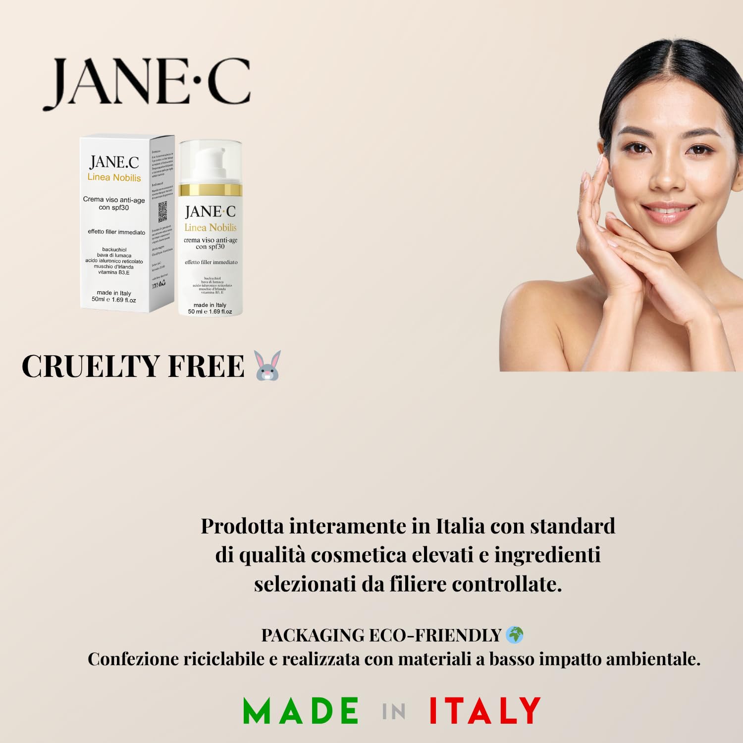 JANE•C Crema Viso Antirughe Effetto filler con SPF30 – Skincare Coreana Anti-Age con Retinolo Vegetale,Bava di Lumaca, Acido Ialuronico, Vitamina B3 – Idratante e Illuminante – 50ml Made in Italy