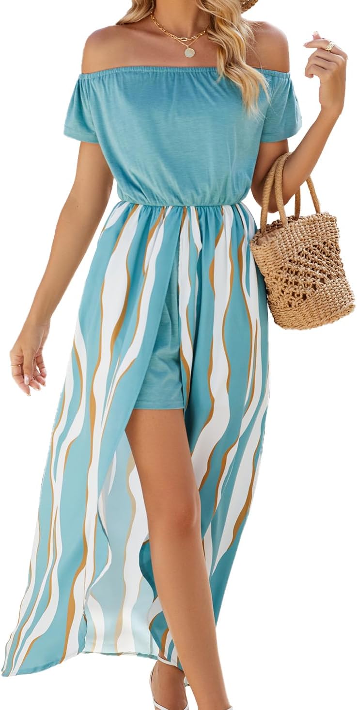 Women's Off Shoulder Striped Maxi Dress High Low Hem Casual Summer Beach Dress